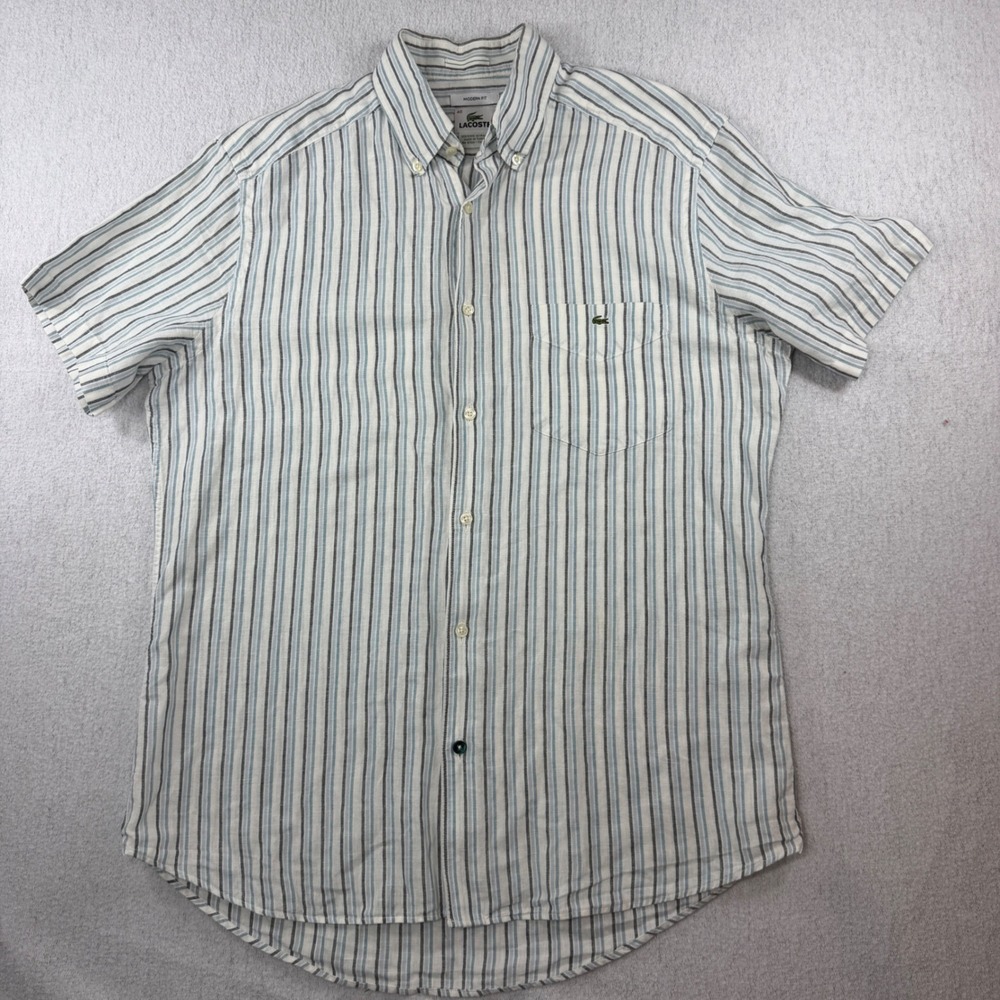 VTG Lacoste Linen blend Striped Men Modern Fit Short Sleeve Button Down Shirt 40